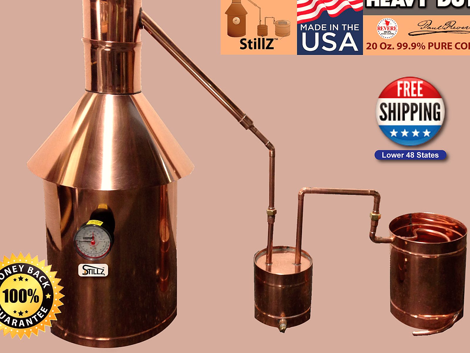 10 Gallon Copper Moonshine Still with Thumper and Worm